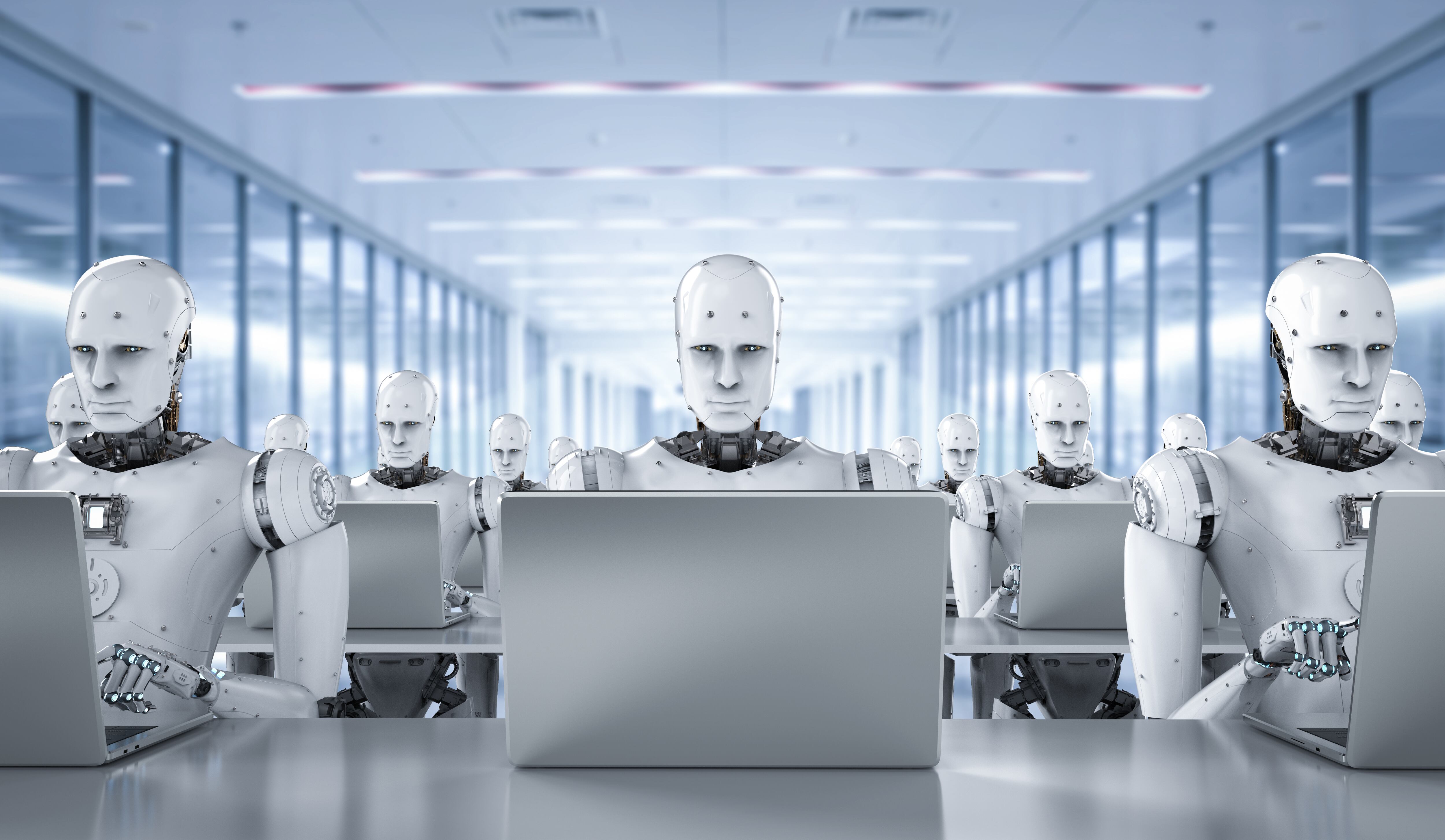 robots humanoides trabajando en reemplazo de humanos, IA, inteligencia artificial