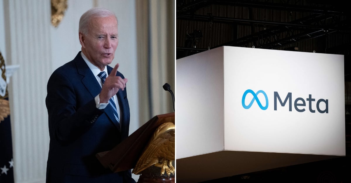 Fotocomposición del presidente de Estados Unidos, Joe Biden, en una conferencia de prensa, y del logotipo de Meta.