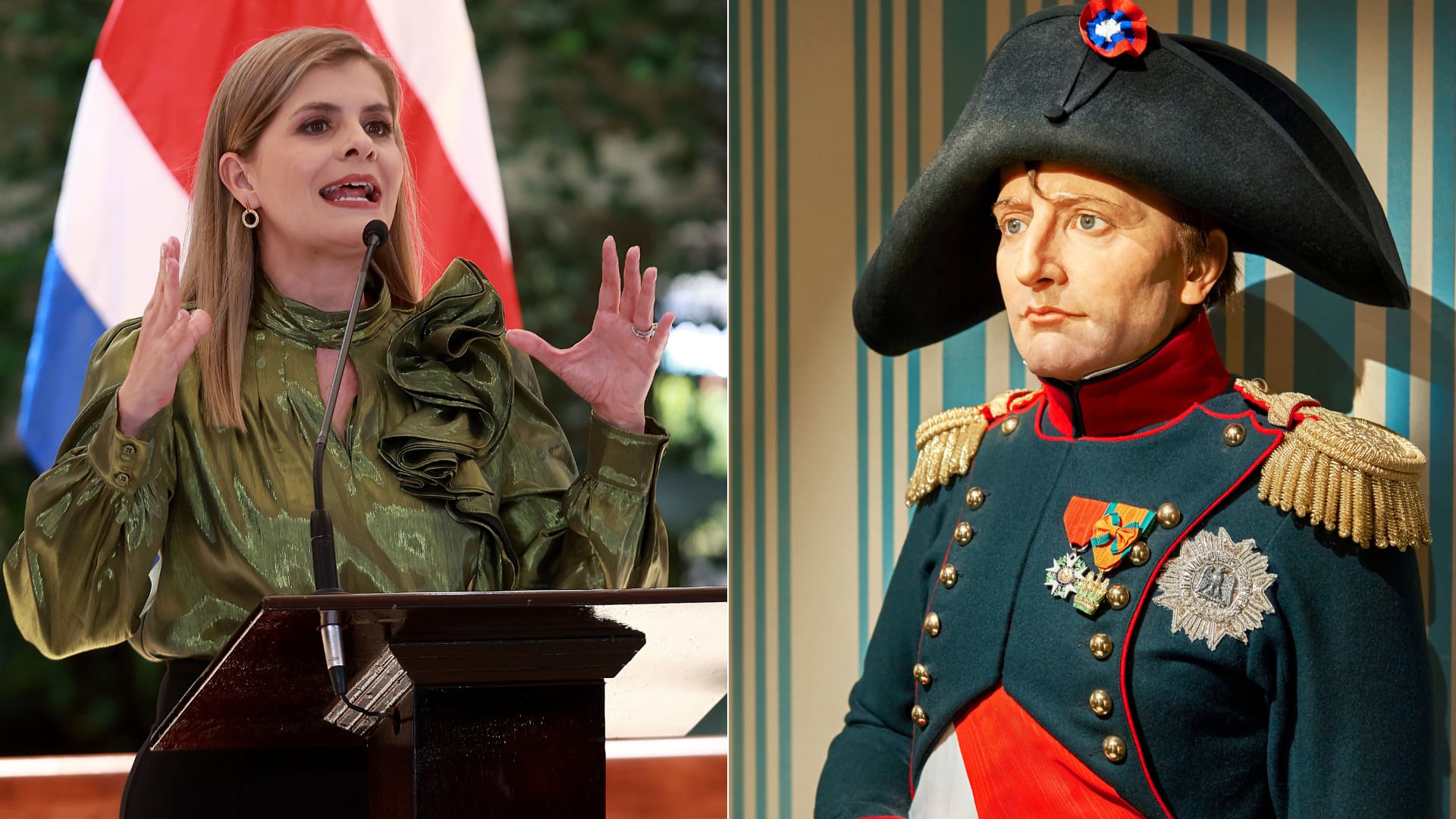 Presidenta electa Laura Fernández y figura de cera de Napoléon Bonaparte