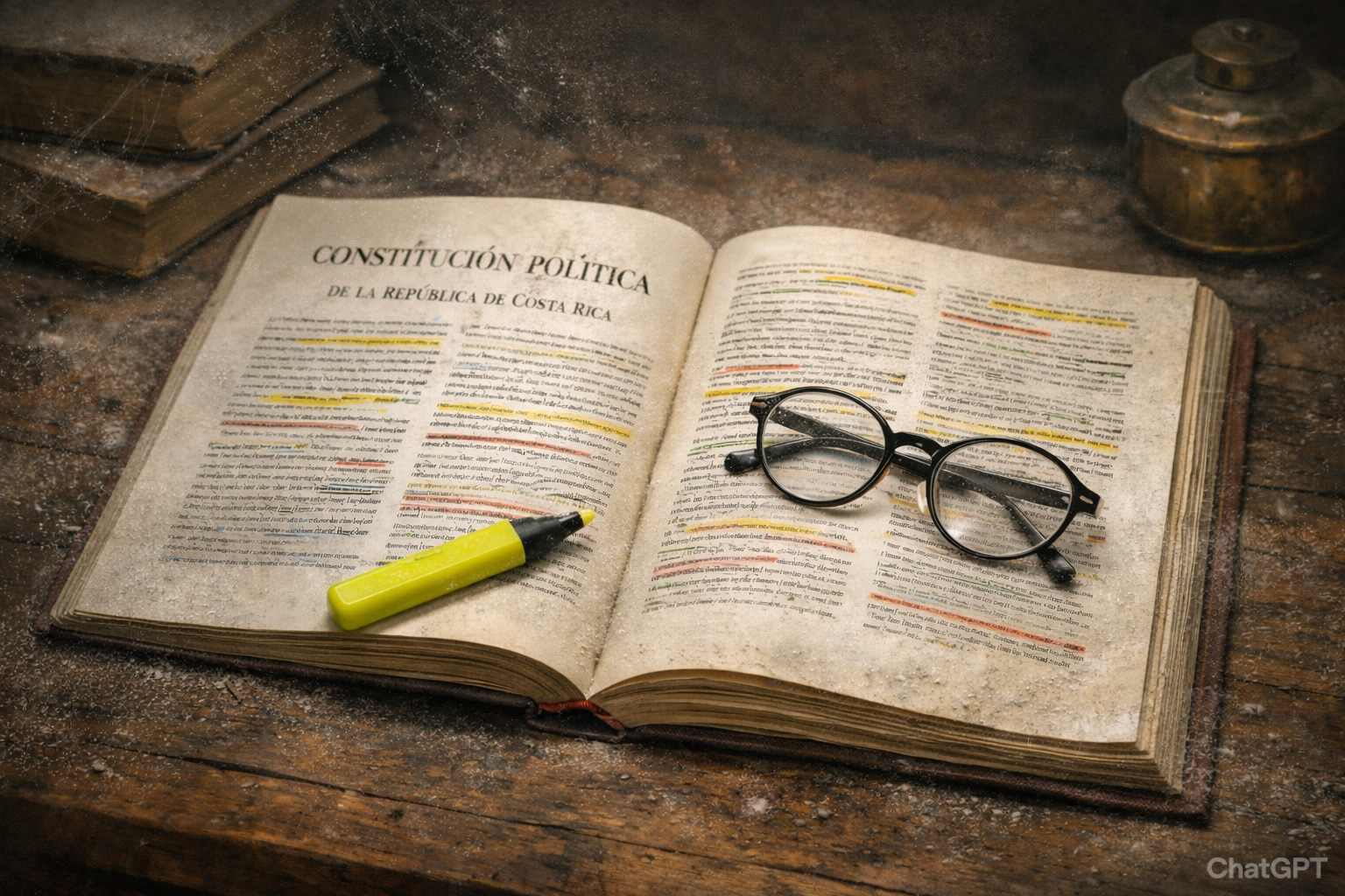 Ilustración de la Constitución Política de la República de Costa Rica sobre mesa vieja de madera. Sobre el libro hay un resaltador o marcador y unos anteojos