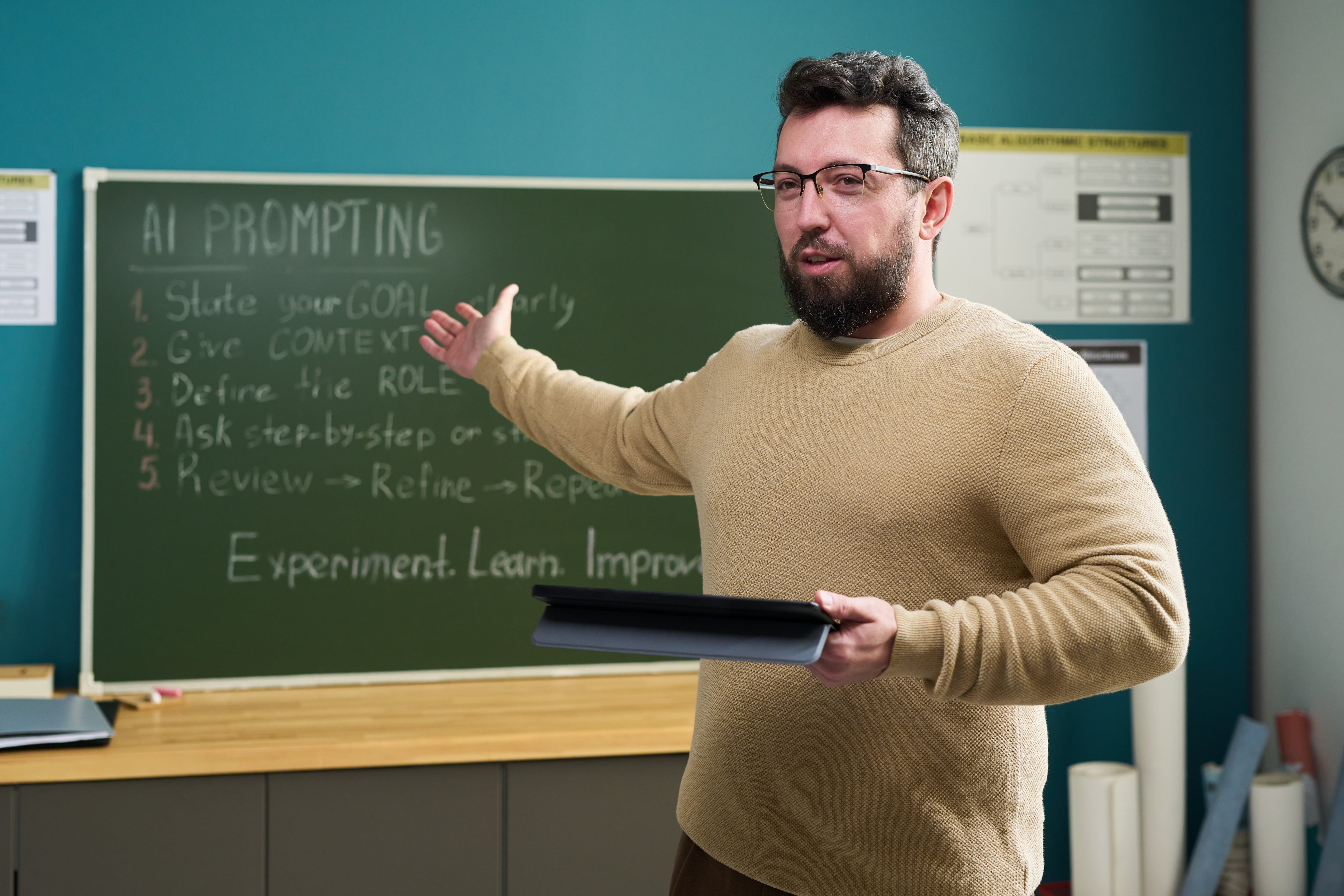 Docente, profesor, explica en el aula cómo redactar, escribir, buenos prompts para la inteligencia artificial