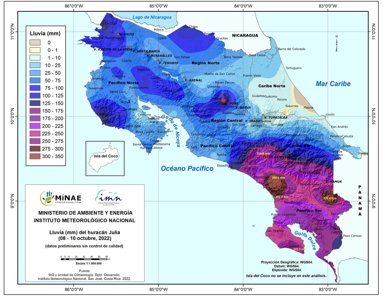 Las lluvias acumuladas por la influencia indirecta del huracán Julia, dejan ver montos superiores a 300 mm. entre Pérez Zeledón y Osa, así como entre Buenos Aires y Coto Brus. Imagen: IMN.
