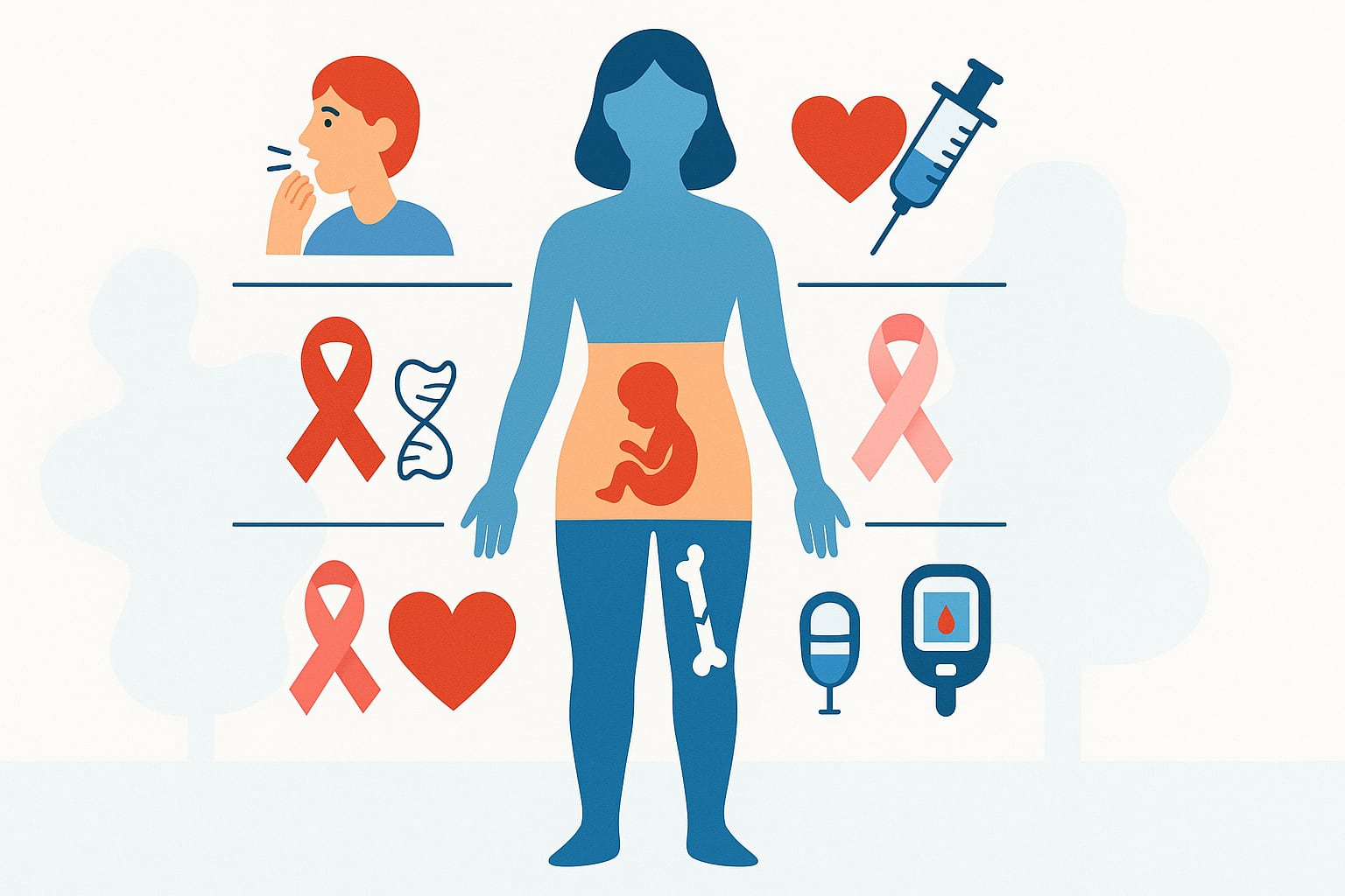 Una ilustración que habla de las diferentes causas de enfermedad, hospitalización y muerte.