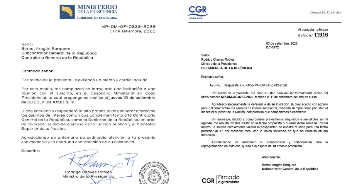 Estos son los oficios intercambiados entre el ministro de la Presidencia y de Hacienda, Rodrigo Chaves, y el subcontralor Bernal Aragón.