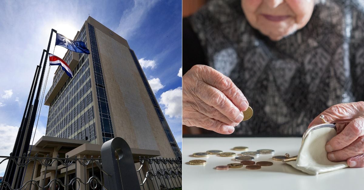 En la imagen la fachada de la CCSS y las manos de una adulta mayor contando monedas