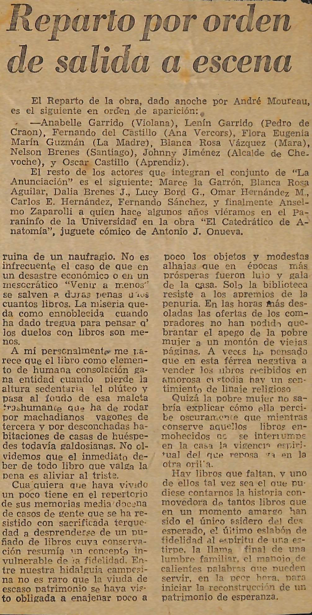 Recorte de 'La Prensa Libre' con reseña del montaje teatral 'La anunciación'.