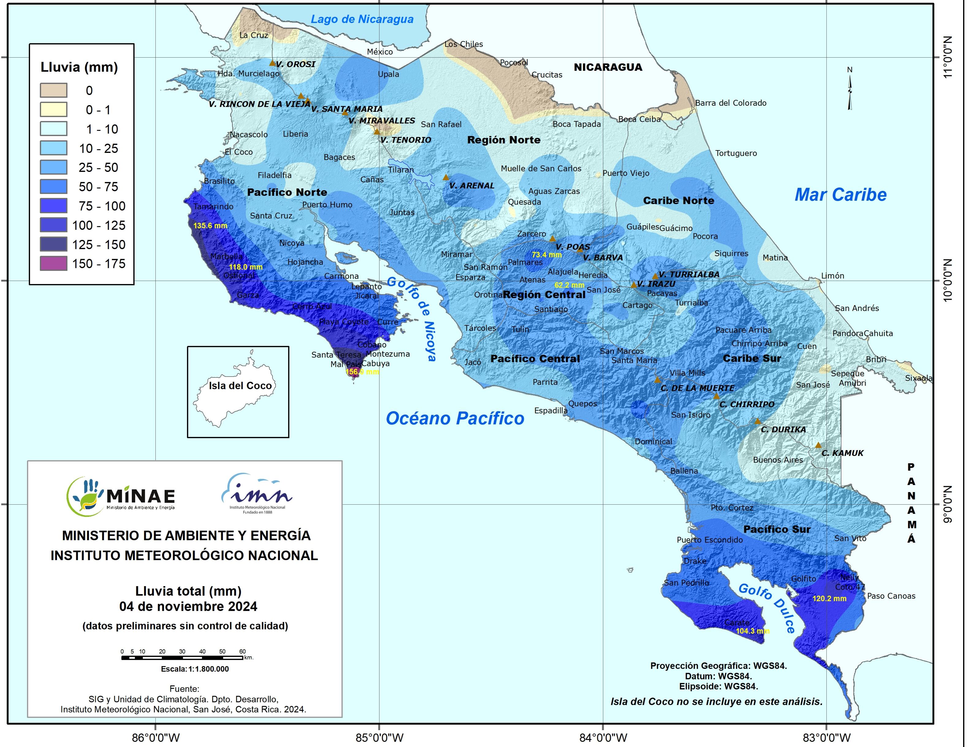 En la península de Osa, varios puntos tuvieron acumulados de lluvia por encima de 100 litros por metro cuadrado, lo mismo que en la península de Osa. Imagen: IMN.