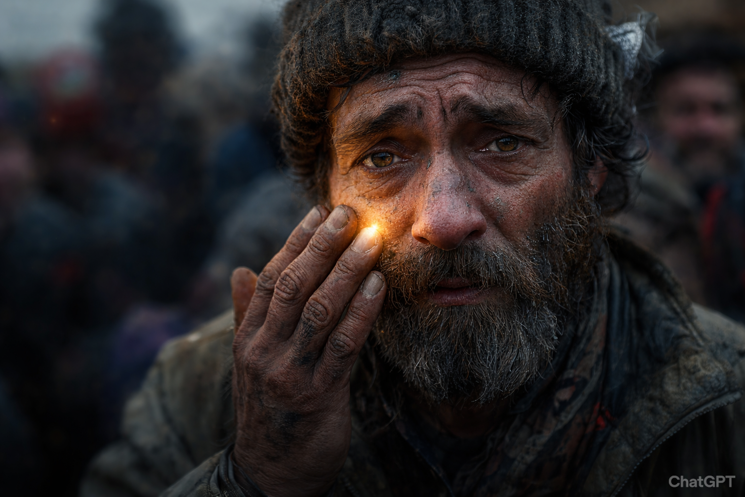 Habitante de la calle, hombre en situación de calle, se cubre con la mano la mejilla de la cual sale un resplandor