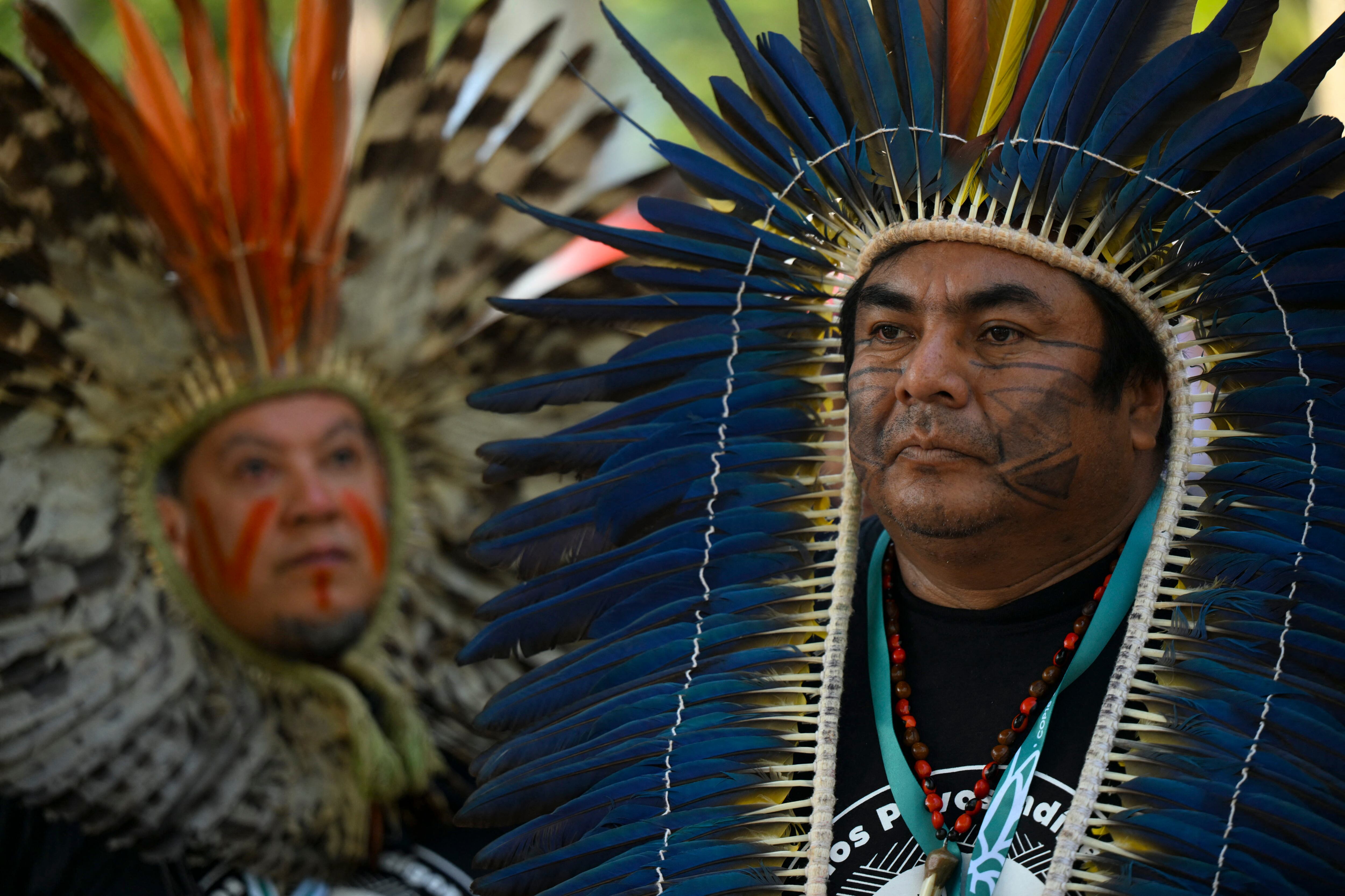 Indígenas de la Amazonía brasileña durante la cumbre COP16 en Cali, Colombia, donde se discutió la urgencia de financiar la protección de la biodiversidad. Foto de JOAQUIN SARMIENTO / AFP
