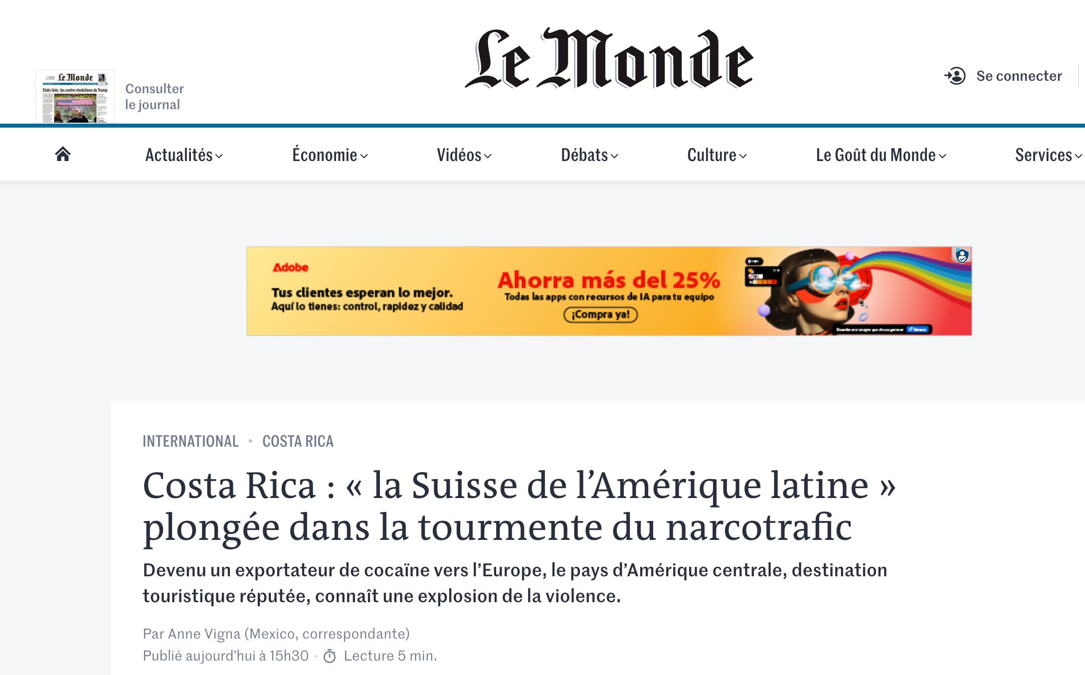 Así presentó el diario francés el reportaje sobre narcotráfico en Costa Rica a sus lectores este 11 de febrero. Fotografía: