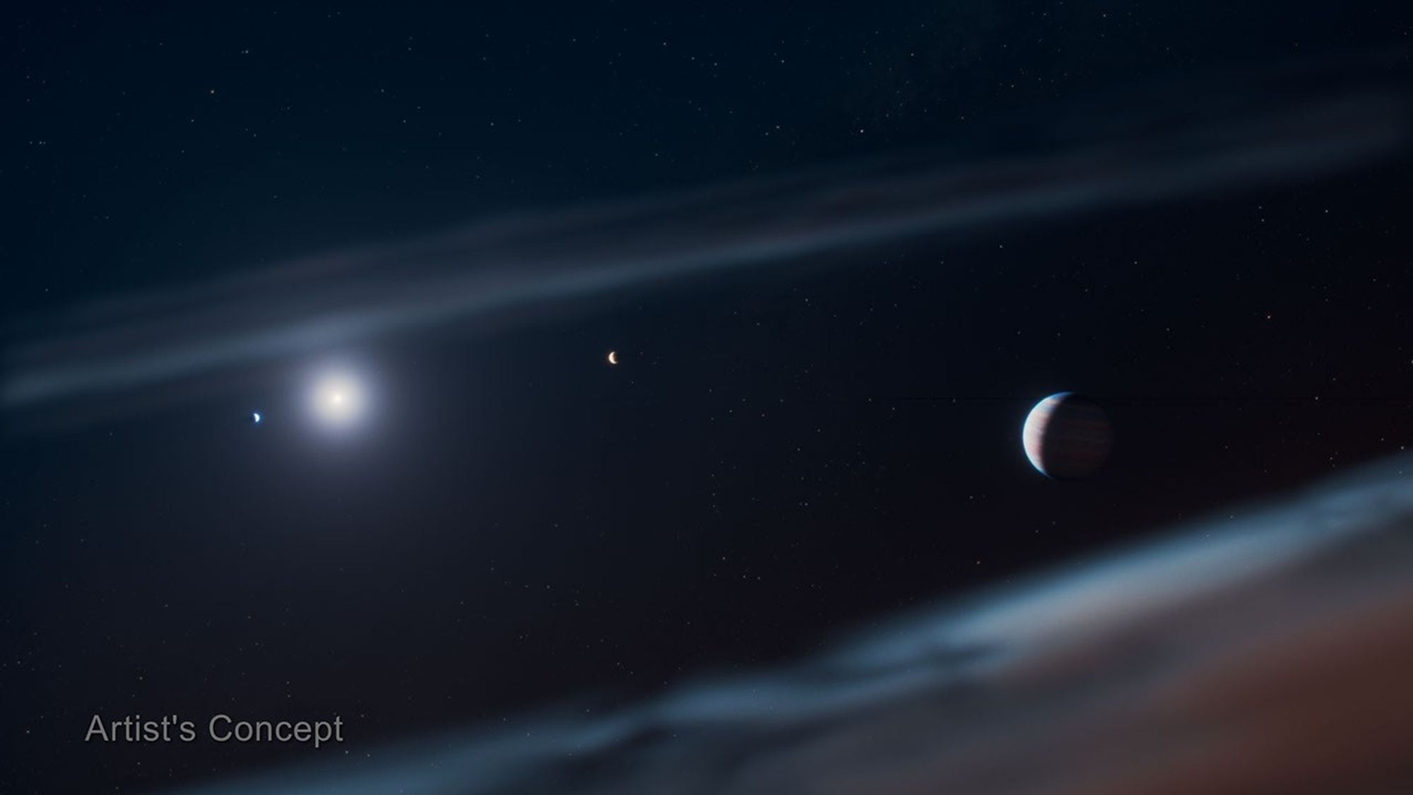 Concepto artístico del sistema Beta Pictoris. A la derecha aparece el exoplaneta gigante Beta Pictoris d, que posee la órbita más amplia de los tres exoplanetas conocidos en este sistema.