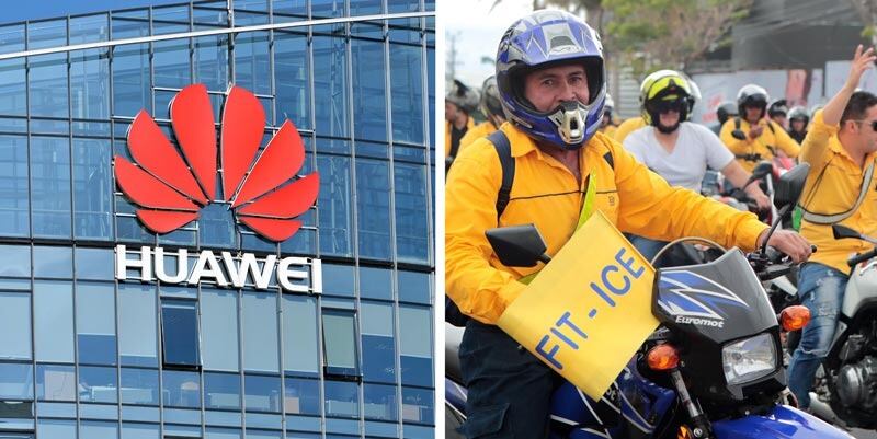 Logo de Huawei junto a manifestantes del FIT-ICE en Costa Rica, relacionado con denuncias por gestiones sindicales que afectan el despliegue de 5G.