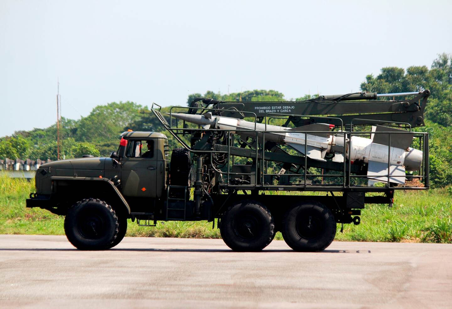 A truck carrying a missile participates in a military exercise at the Garcia Hevia airport in La Fria in the State of Tachira, Venezuela, Tuesday, Sept 10, 2019. Venezuela's President Nicolás Maduro launched extended military exercises along the border with Colombia, drawing Washington's attention amid rising friction between the South American neighbors. (AP Photo/Rafael Urdaneta Rojas)