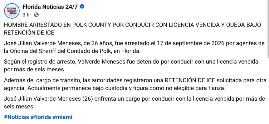 Medio de comunicación en Florida dio a conocer que Julián Valverde fue detenido por conducir con una licencia vencida.