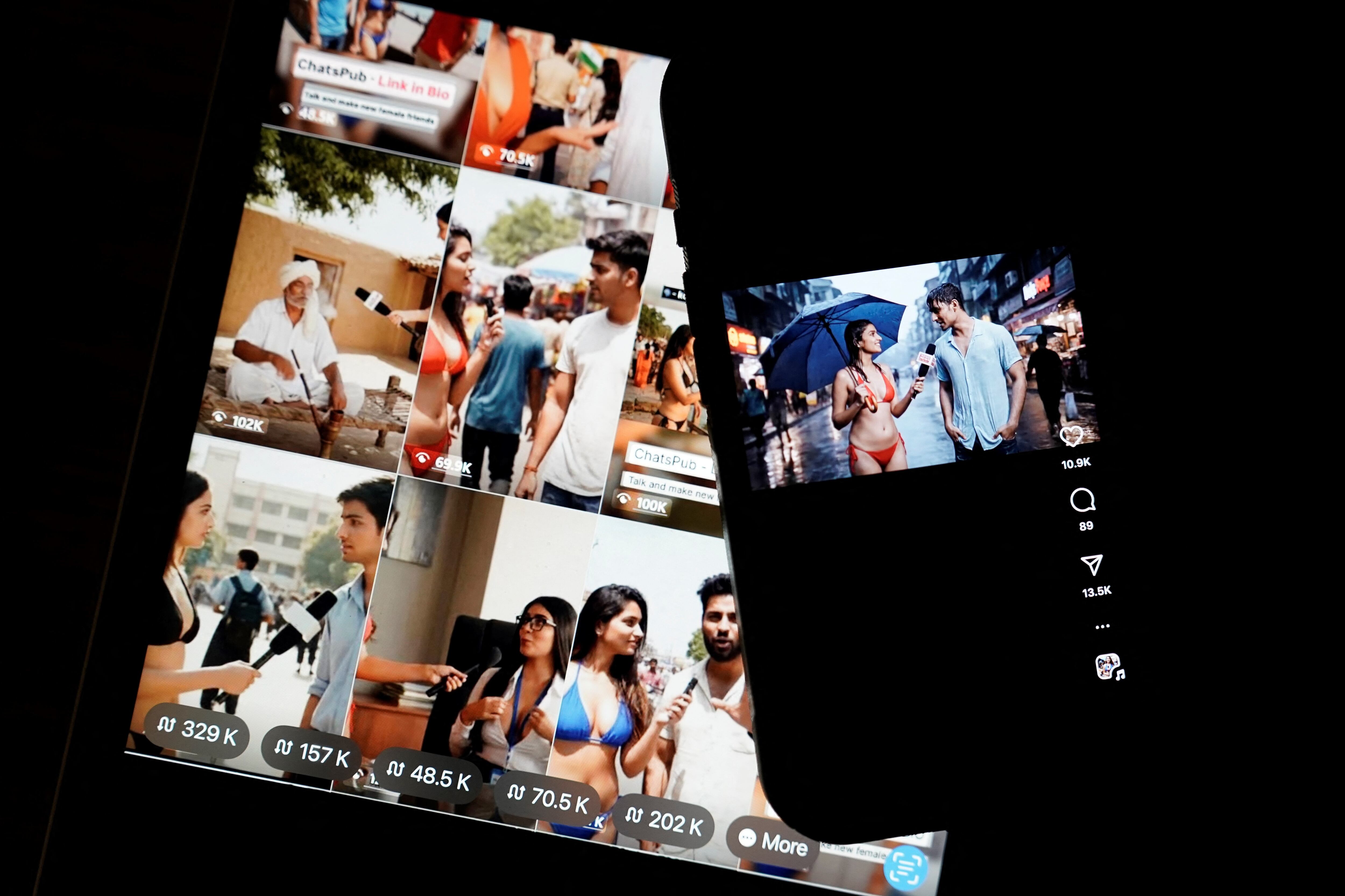 Videos generados por IA muestran entrevistas falsas con mujeres en bikini, difundidos masivamente en redes sociales.