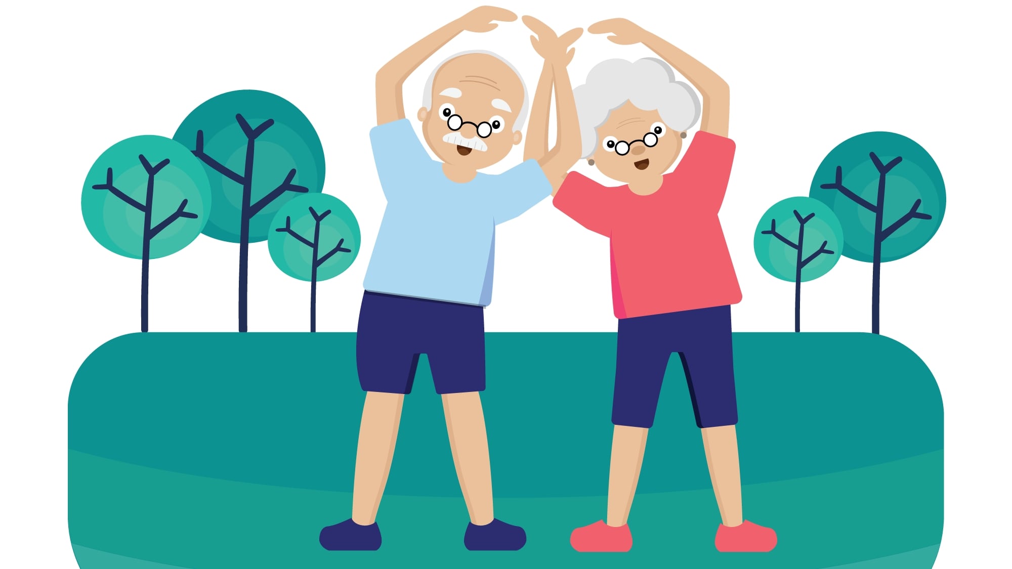 Adultos mayores ejercitándose, deporte al aire libre, edad de oro, envejecer saludablemente