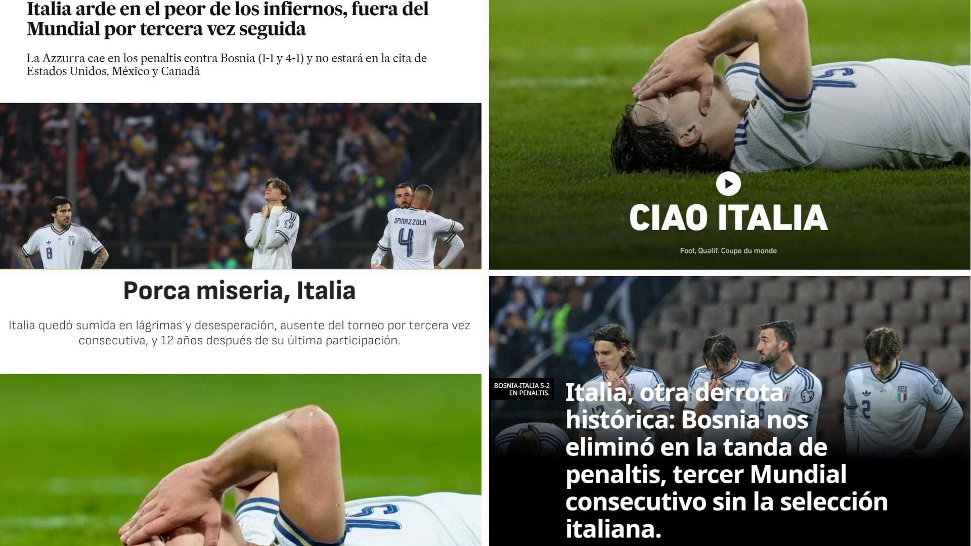 Prensa mundial titula la tercera eliminación consecutiva de Italia de la Copa del Mundo.