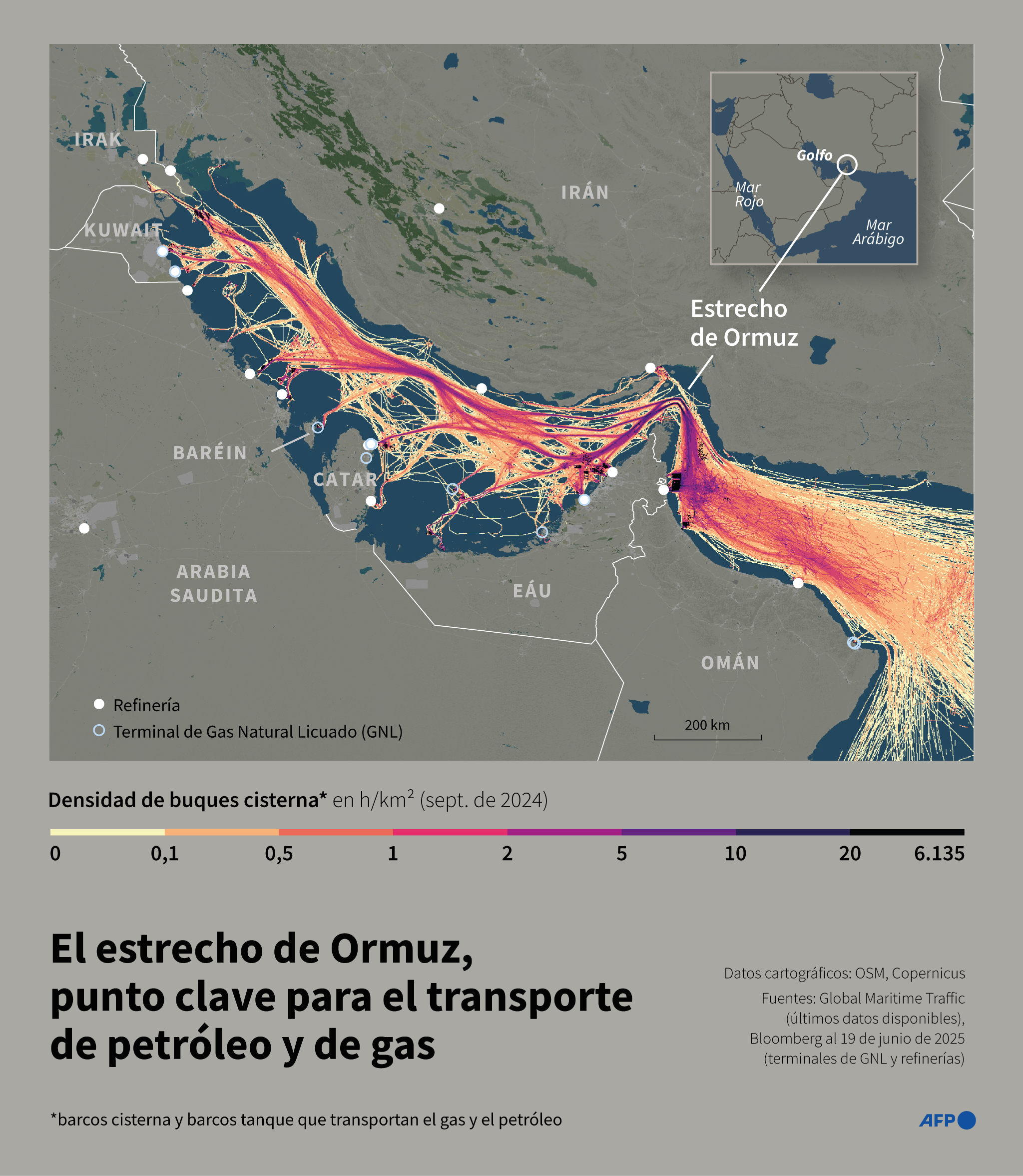 Mapa del Golfo localizando el tráfico marítimo de buques cisterna o buques tanque para el transporte de petróleo y gas en septiembre de 2024, mostrando el paso clave del estrecho de Ormuz / AFP / Omar KAMAL