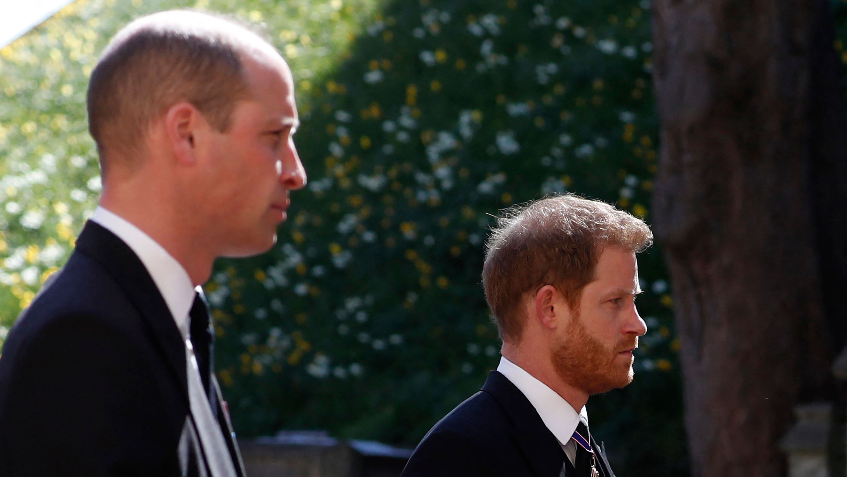 Britain's Prince William, Duke of Cambridge (L) and Britain's Prince Harry, Duke of Sussex follow the coffin during the ceremonial funeral procession of Britain's Prince Philip