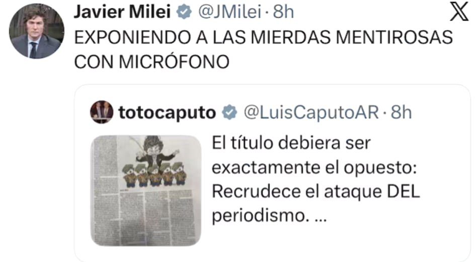 Primer tuit de Javier Milei contra periodistas argentinos de este martes 25 de agosto.