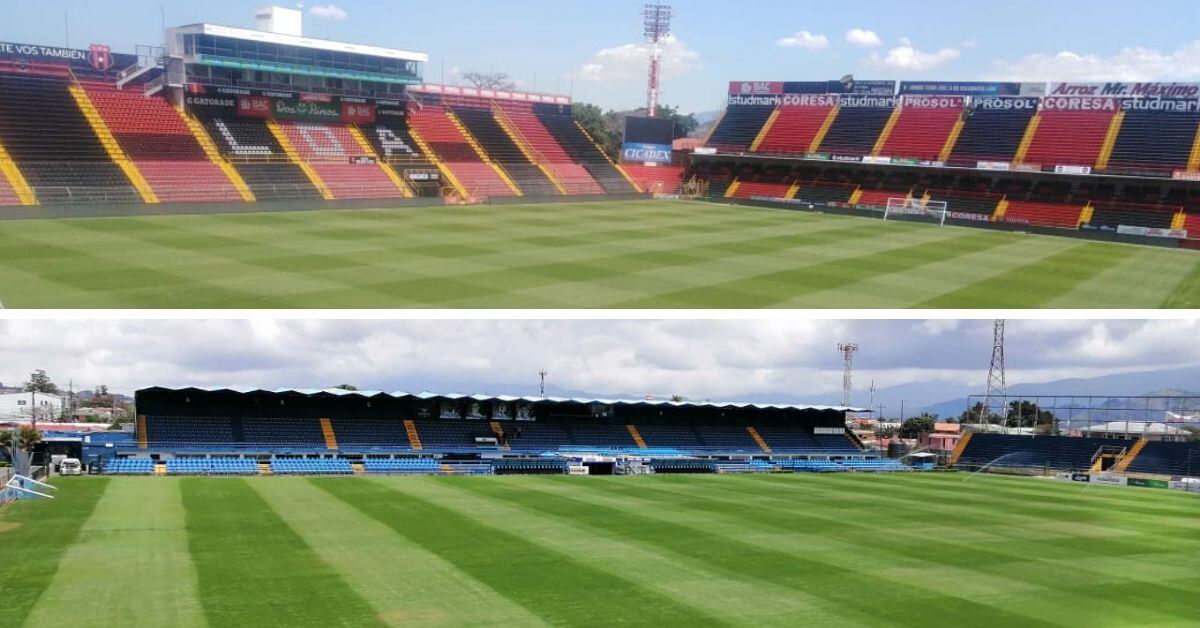 En este momento, así lucen la gramilla híbrida del Morera Soto y la cancha natural del Fello Meza. Fotografía: TMS