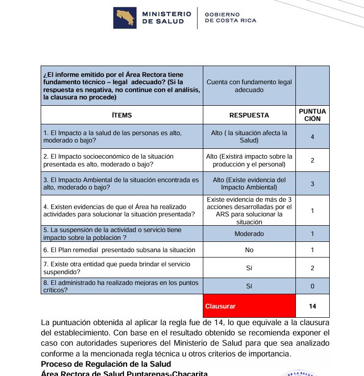 Captura de pantalla de informe técnico del Ministerio de Salud donde se recomienda clausura del Mercado Municipal de Puntarenas.