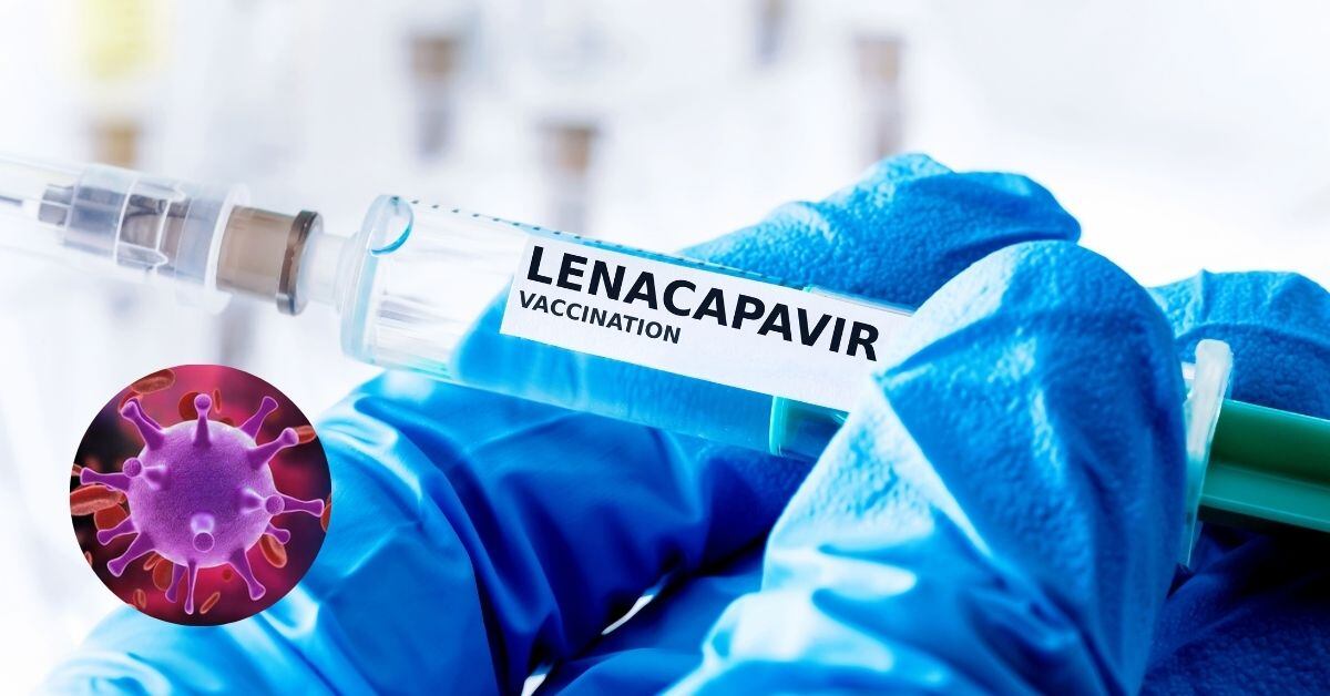 Composición fotográfica. De fondo, el inyectable lenacapabir, en detalle, el virus de VIH.