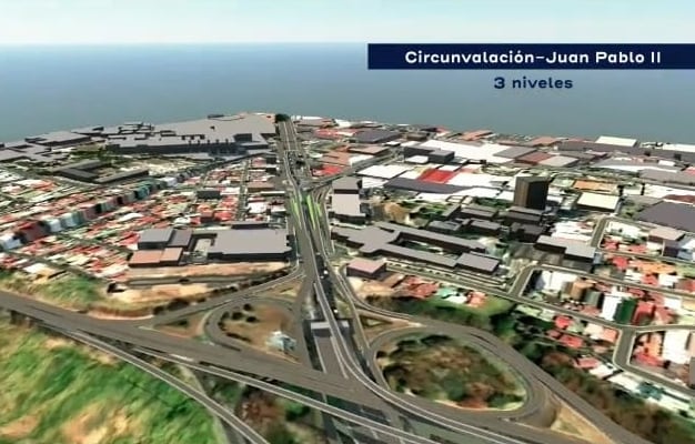 El intercambio de Circunvalación con la General Cañas se haría mediante un viaducto de tres niveles que conecta con el puente Juan Pablo II. Foto: Captura de video.