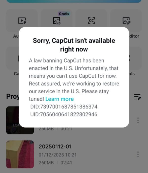 Una captura de pantalla muestra el mensaje desplegado a los usuarios de CapCut en Estados Unidos.