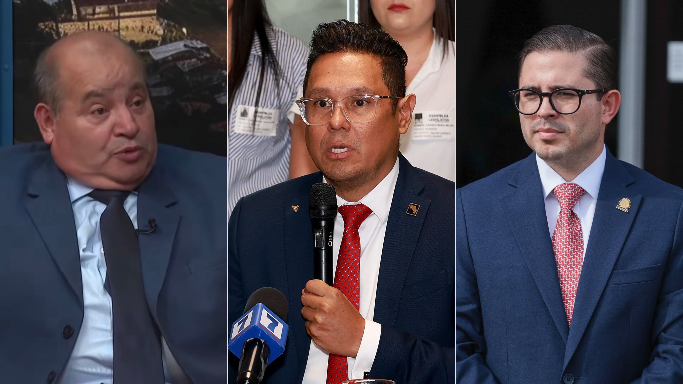 Freddy González, secretario general de Pueblo Soberano; Juan Manuel Quesada, diputado oficialista; y Gabriel Aguilar, ministro de Justicia y Paz. Los tres revelaron en agosto que el partido de gobierno ha reunido datos personales de civiles que no simpatizan con la administración de Laura Fernández o que hacen parte de partidos de oposición.