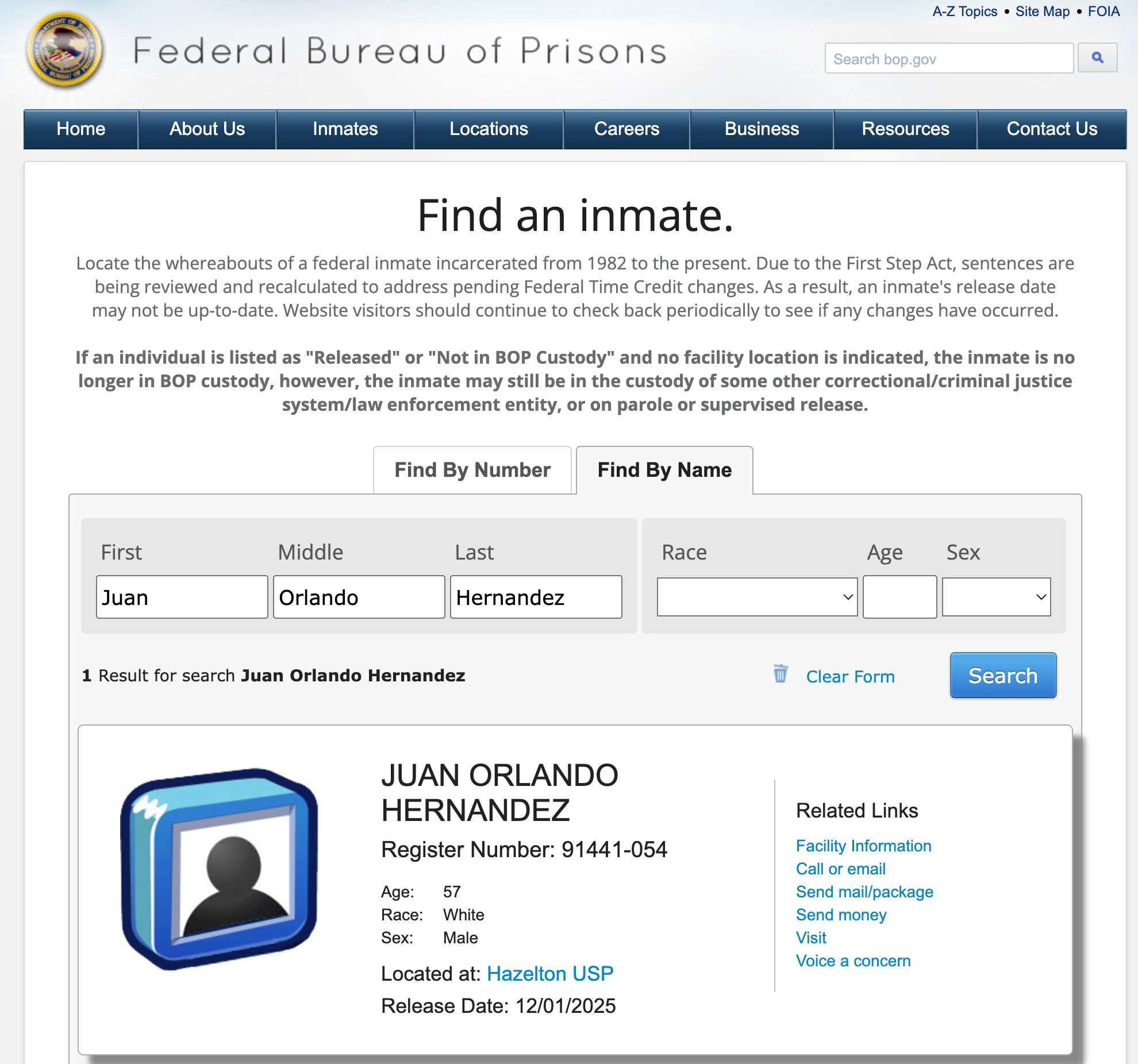 El Buró Federal de Prisiones (BOP) actualizó su registro e informó la liberación del expresidente hondureño Juan Orlando Hernández, indultado por Donald Trump. Fotografía: