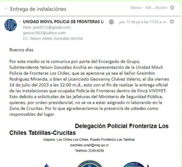 Correo enviado por la Fuerza Pública a los encargados de la finca Vivoyet, en Crucitas, para informar de la salida de los oficiales.