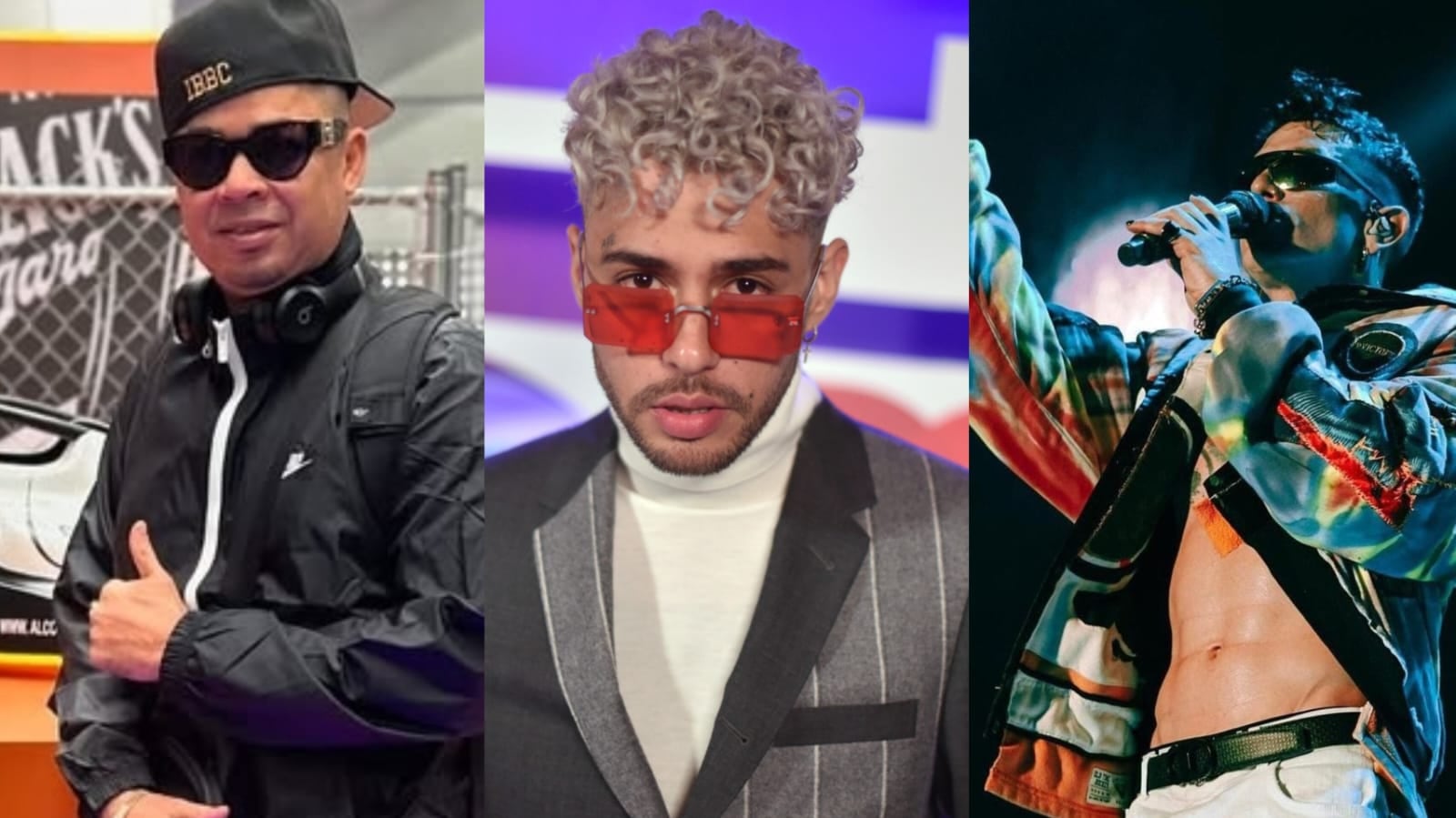 Foto compuesta por imágenes en primer plano de El Roockie, Lenny Tavárez y Dalex.