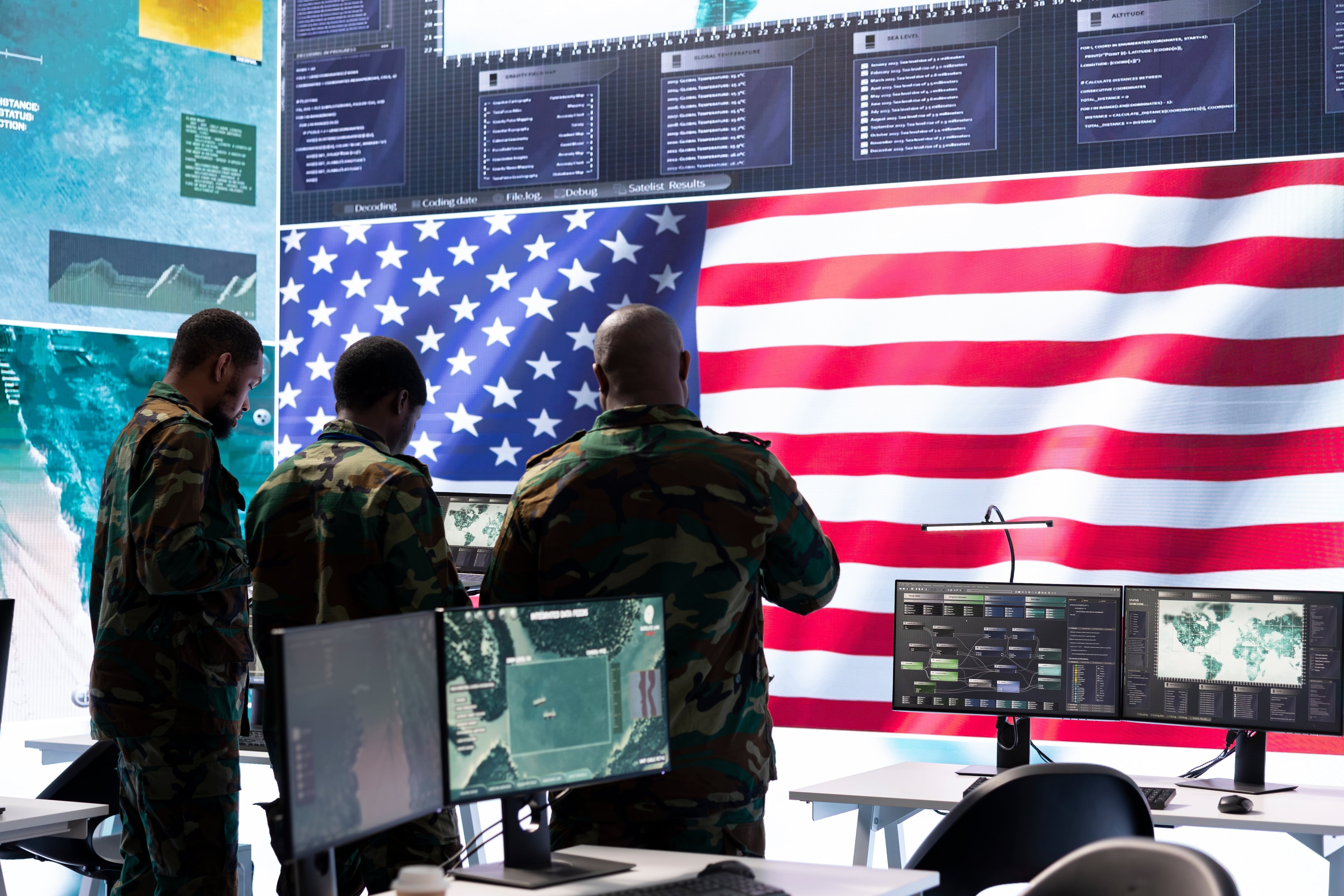 Oficiales de inteligencia militar de Estados Unidos en un centro de mando supervisando información de vigilancia. Gestión de la seguridad en una base militar estadounidense