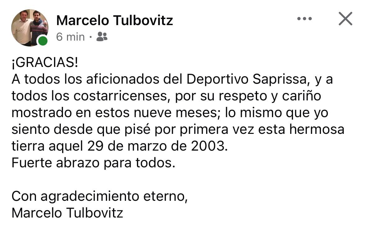 El mensaje que escribio Marcelo Tulbovitz en su cuenta de Facebook.