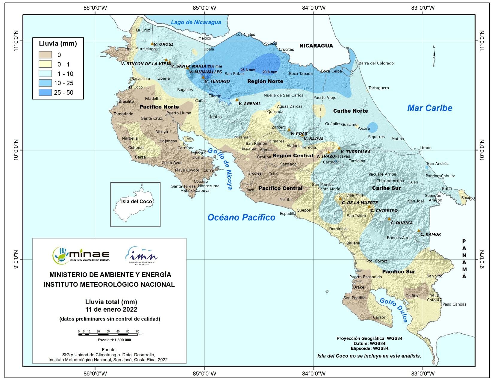El mapa de lluvias del martes refleja como la parte norte de San Carlos y Sarapiquí tuvieron lluvias, lo mismo que el Caribe, pero todo el litoral Pacífico estuvo seco y ese patrón seguirá por el resto de la semana. Imagen: IMN.