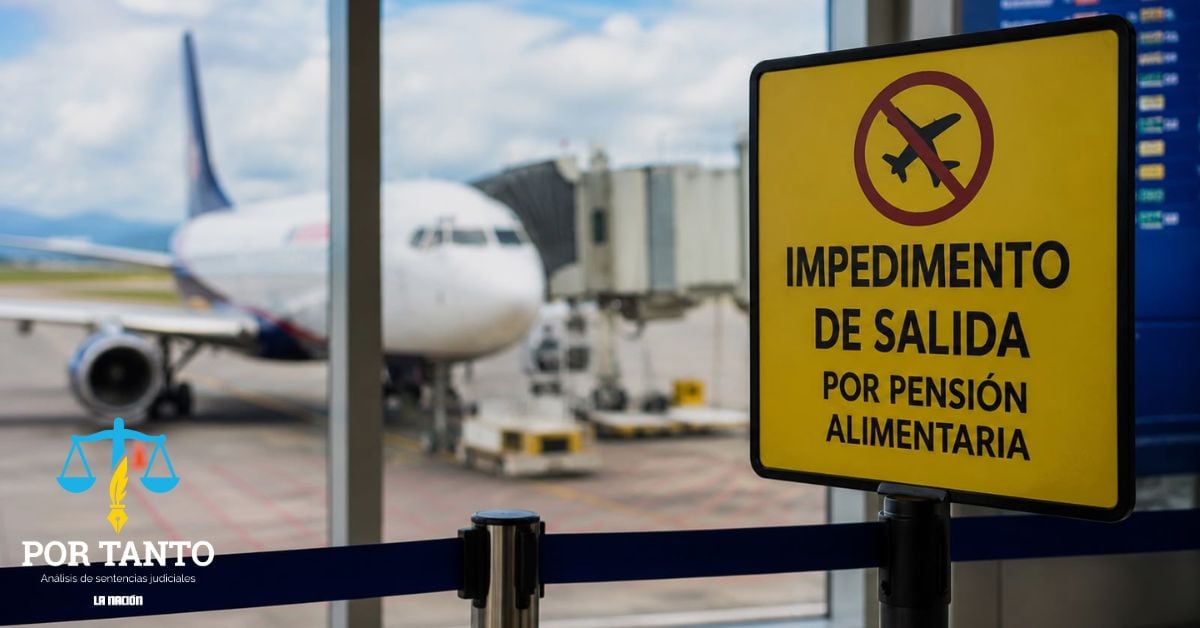 en la imagen, generada con IA, un cartel amarillo dice "impedimento de salida por pensión alimentaria", y hay un avión de fondo