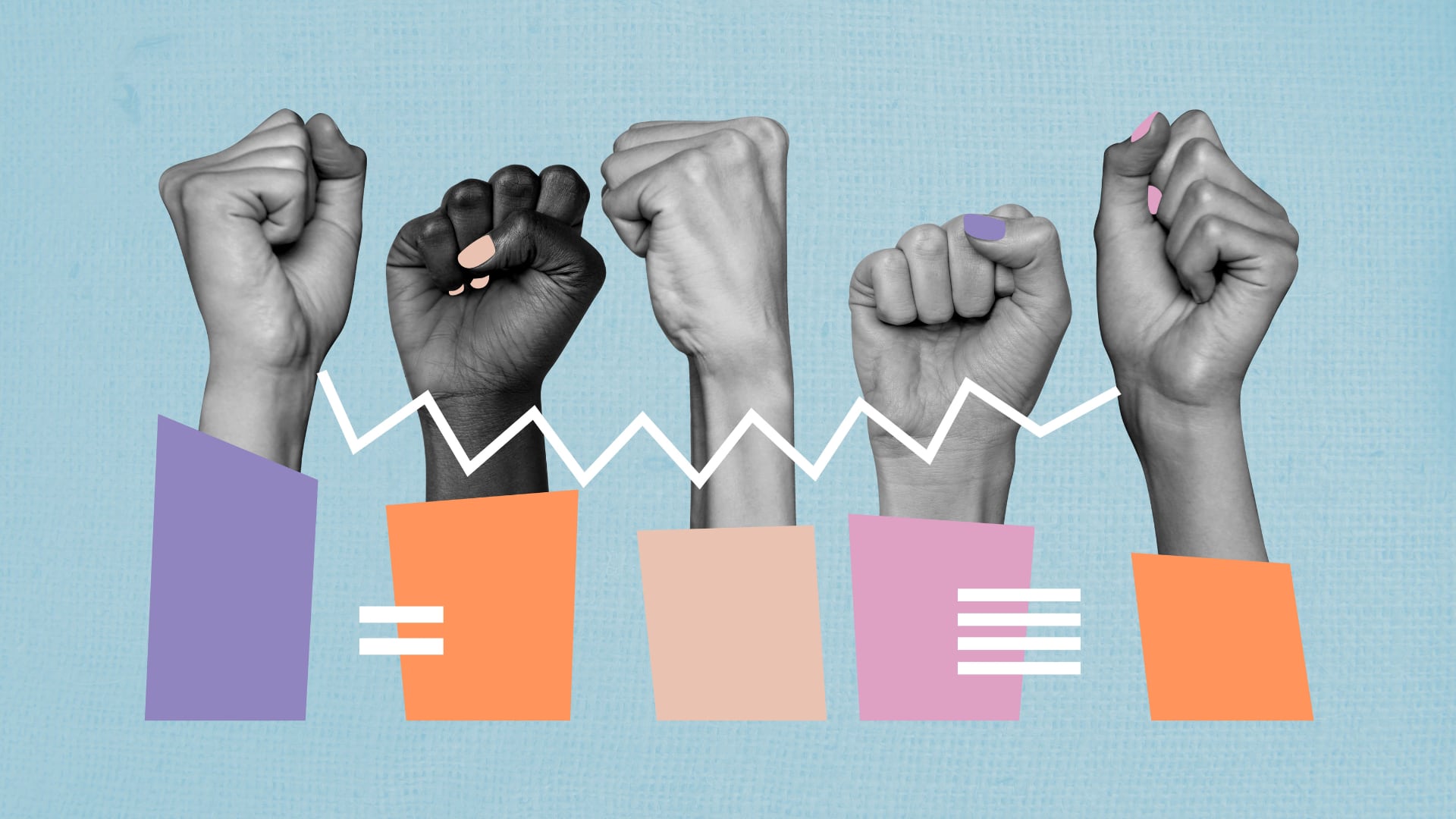 Derechos de las mujeres, lucha feminista. Puños de mujeres cerrados en alto
