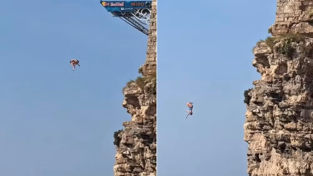 Saltadora canadiense cayó desde 22 metros en entrenamiento en Italia y se retiró del evento por lesiones leves.