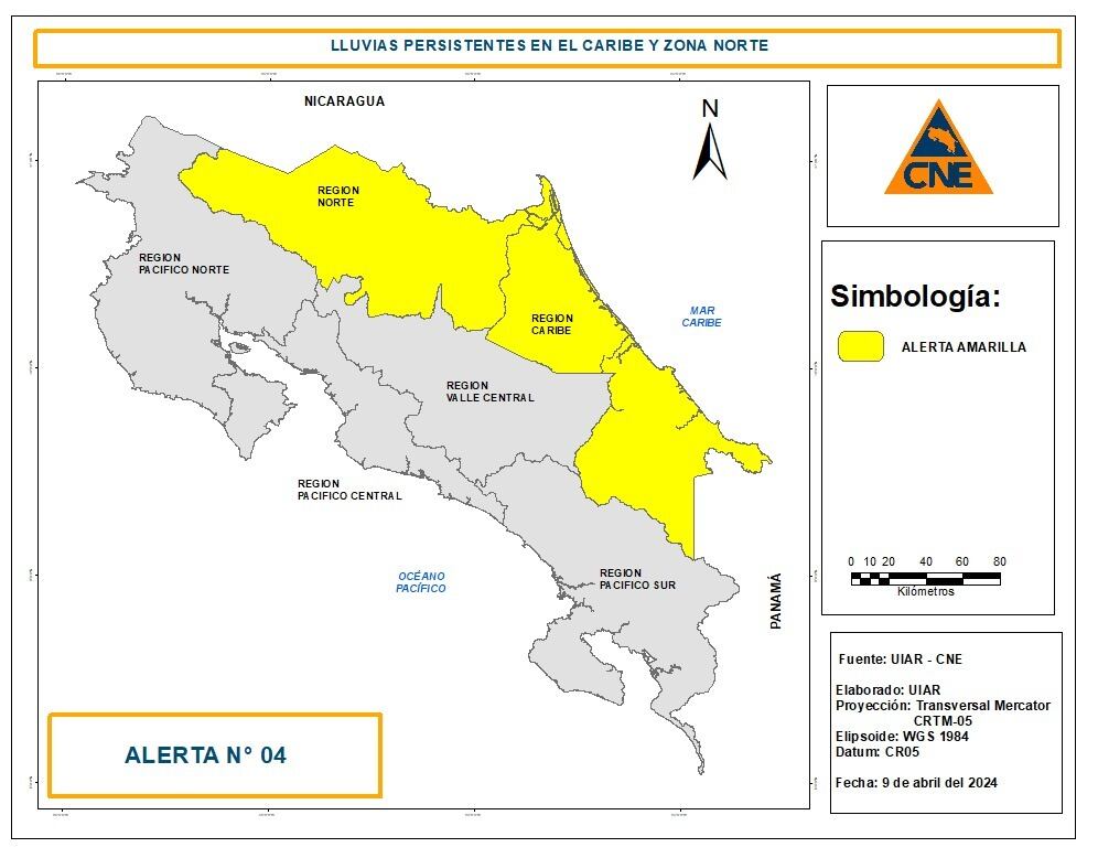 Todo el Caribe, así como Sarapiquí, San Carlos y la zona de Upala están en alerta amarilla por lluvias. Imagen: CNE.