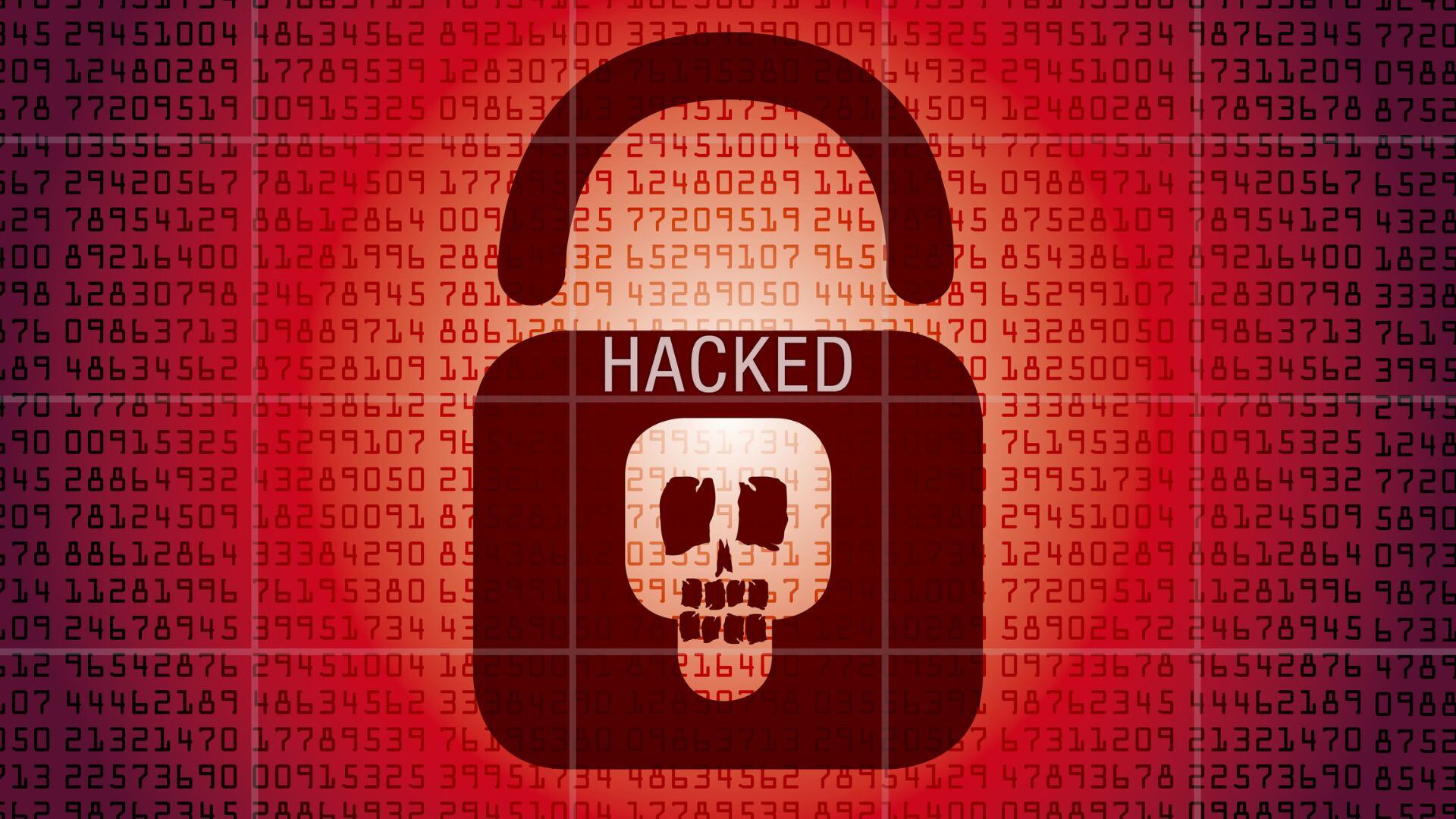 Ilustración de un candado con el texto "Hacked" y un cráneo en el centro, sobre un fondo de números que representa un ciberataque con ransomware.