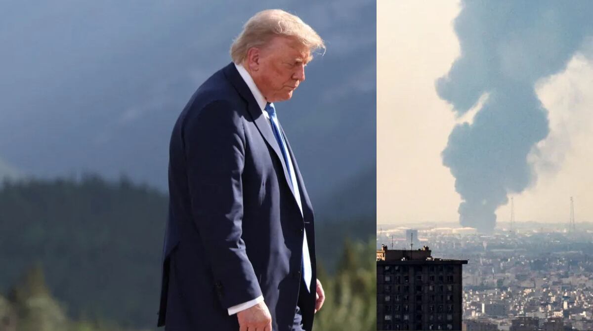 A la izquierda Donald Trump. A la derecha, la ciudad de Teherán, luego de un ataque de Israel.