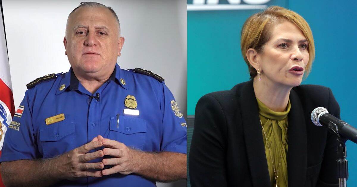 El Cuerpo de Bomberos despidió a 11 funcionarios sin justa causa. La expresidenta del INS, Mónica Araya, afirmó que los despedidos le habían comunicado previamente irregularidades en la institución. En la fotografía Héctor Chaves, director de Bomberos y Mónica Araya.