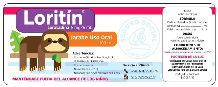 Esta es la etiqueta del jarabe antialérgico Loritín, de la CCSS.
Imagen: CCSS