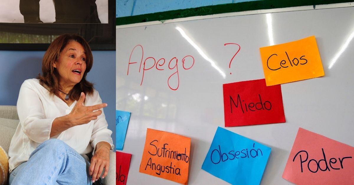 Una composición fotográfica. A la izquierda, Isabel Román, directora Estado de la Educación. A la derecha, una pizarra con palabras: apego, celos, obsesión, poder, sufrimiento, angustia.