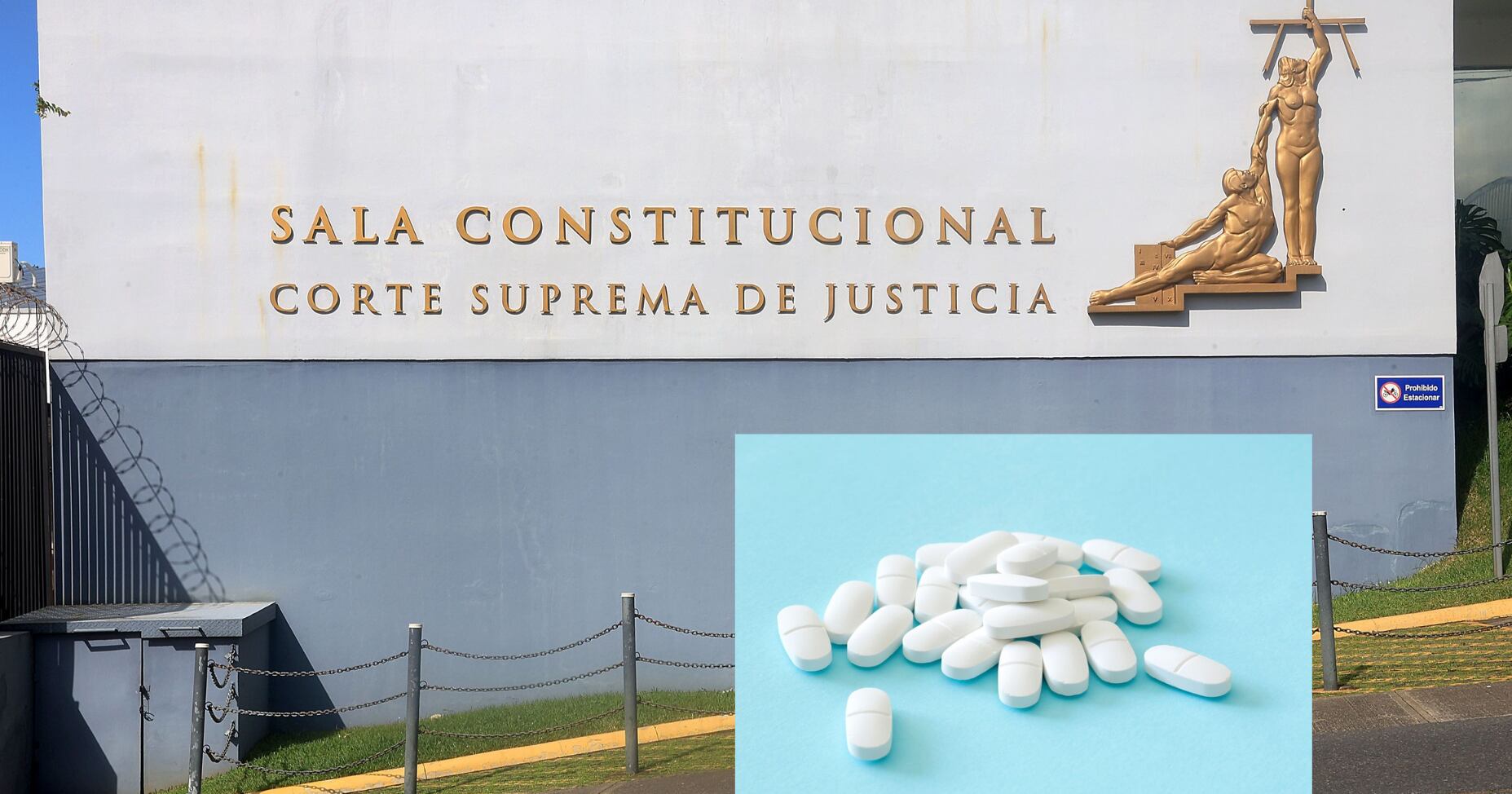 Una composición de imágenes. Al fondo, la sala constitucional, al frente, en recuadro, unas píldoras.