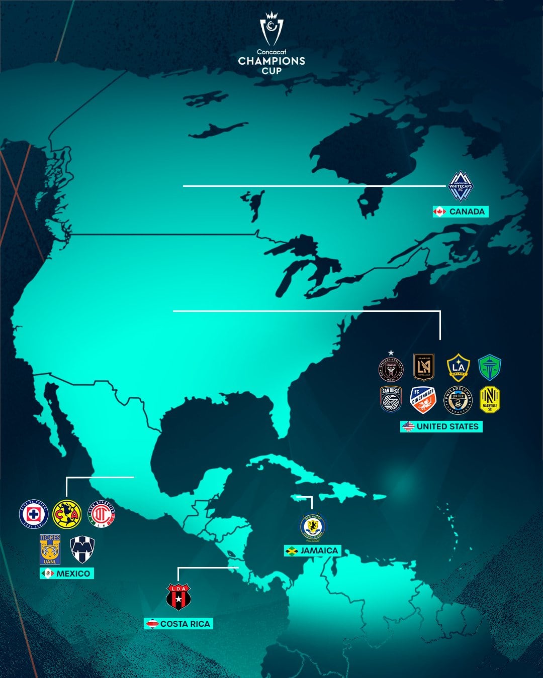Así se ubican en el mapa los 16 equipos que se mantienen en competencia en la Copa de Campeones de Concacaf.