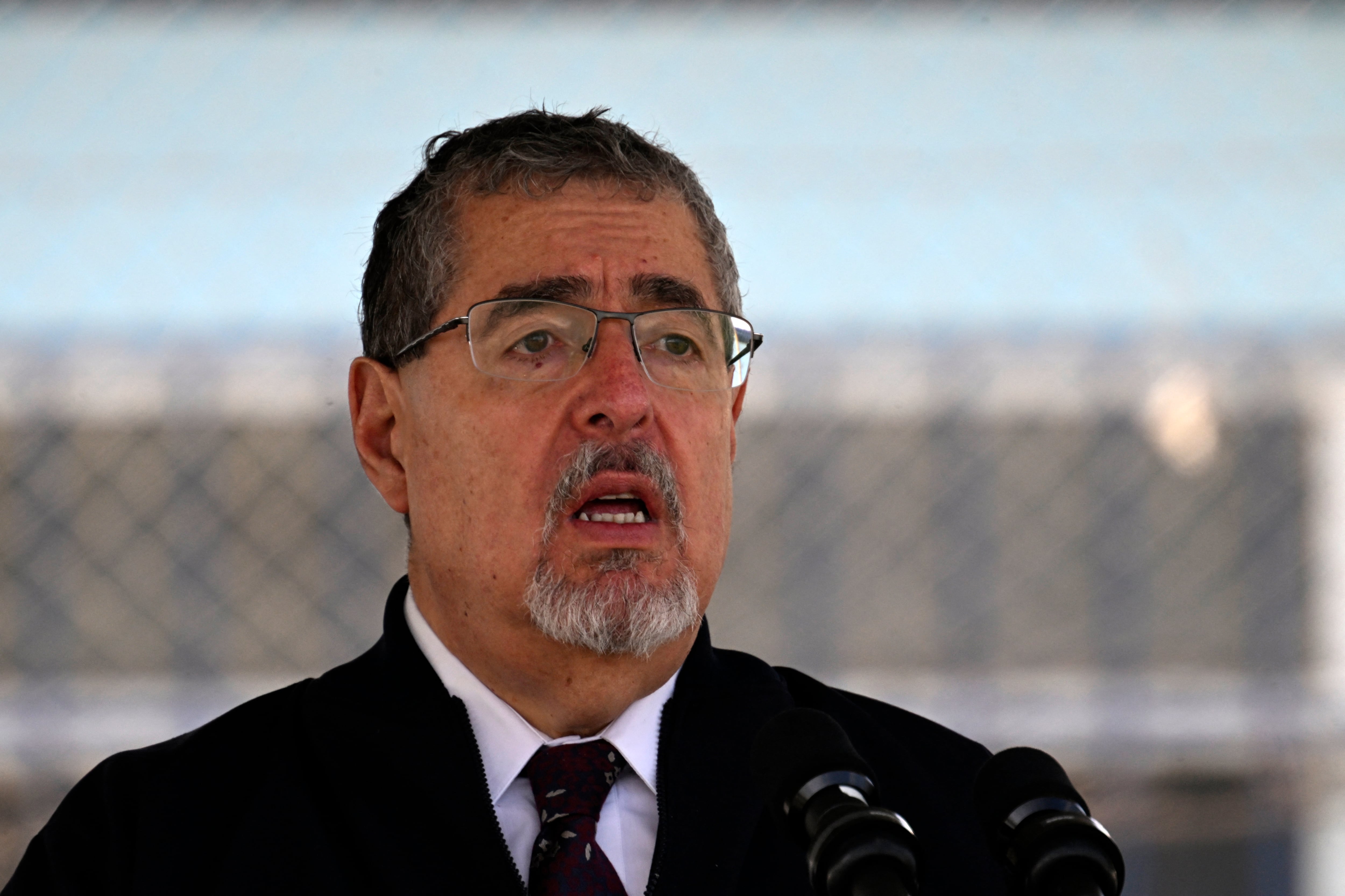 Guatemala's President Bernardo Arevalo speaks during the inauguration of the Sentinel Plan which seeks to provide security in the metropolitan area to curb extortion and assaults and neutralize gang operations, in the Alamedas neighbourhood in Guatemala City on February 17, 2026.
