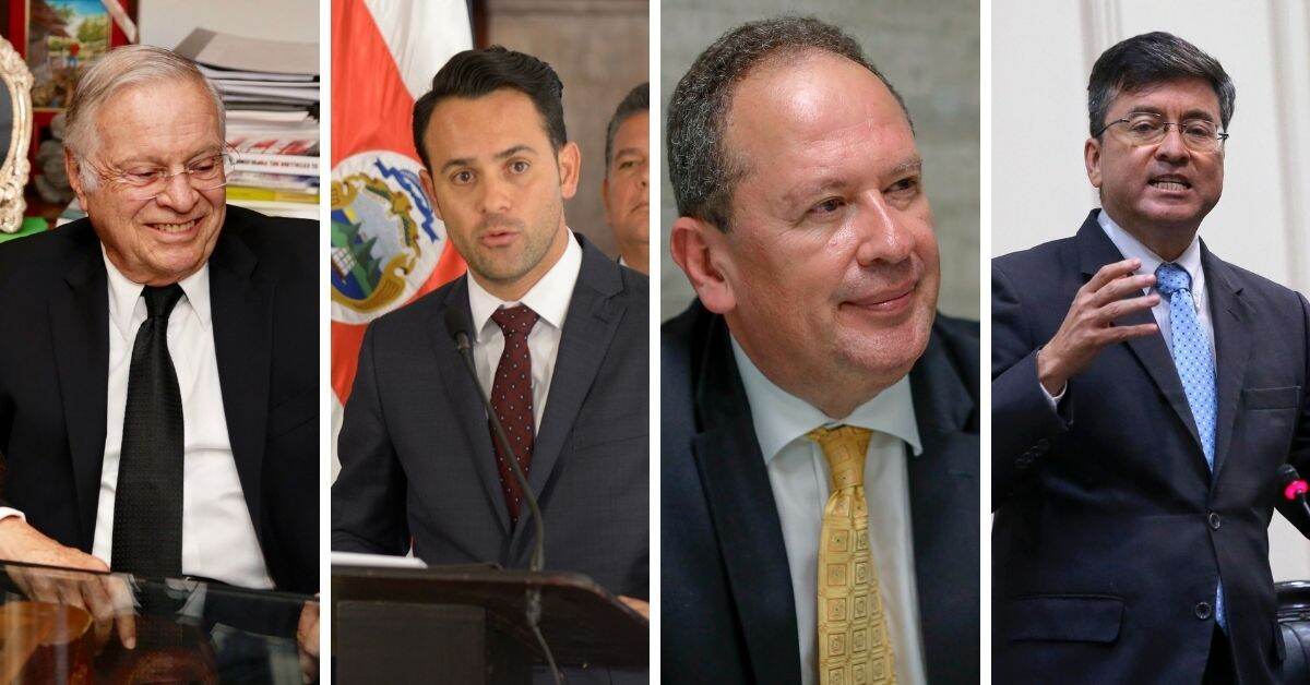 De izquierda a derecha: el expresidente Miguel Ángel Rodríguez y el diputado Erwen Masís abogan por que el PUSC participe con una coalición en las elecciones del 2022. Randall Quirós, presidente del partido, afirma que ya no hay tiempo para formar e inscribir la alianza. El legislador Pedro Muñoz afirma que su aspiración presidencial es independiente de la decisión que tome la agrupación.