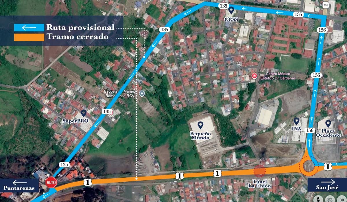 Conductores en sentido San José - Puntarenas deberán desviarse por la radial y la ruta 135 a partir del 25 de setiembre.